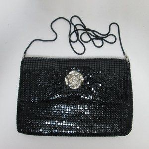 Elka Vintage black Metal Mesh handbag shoulder bag purse Flower Applique